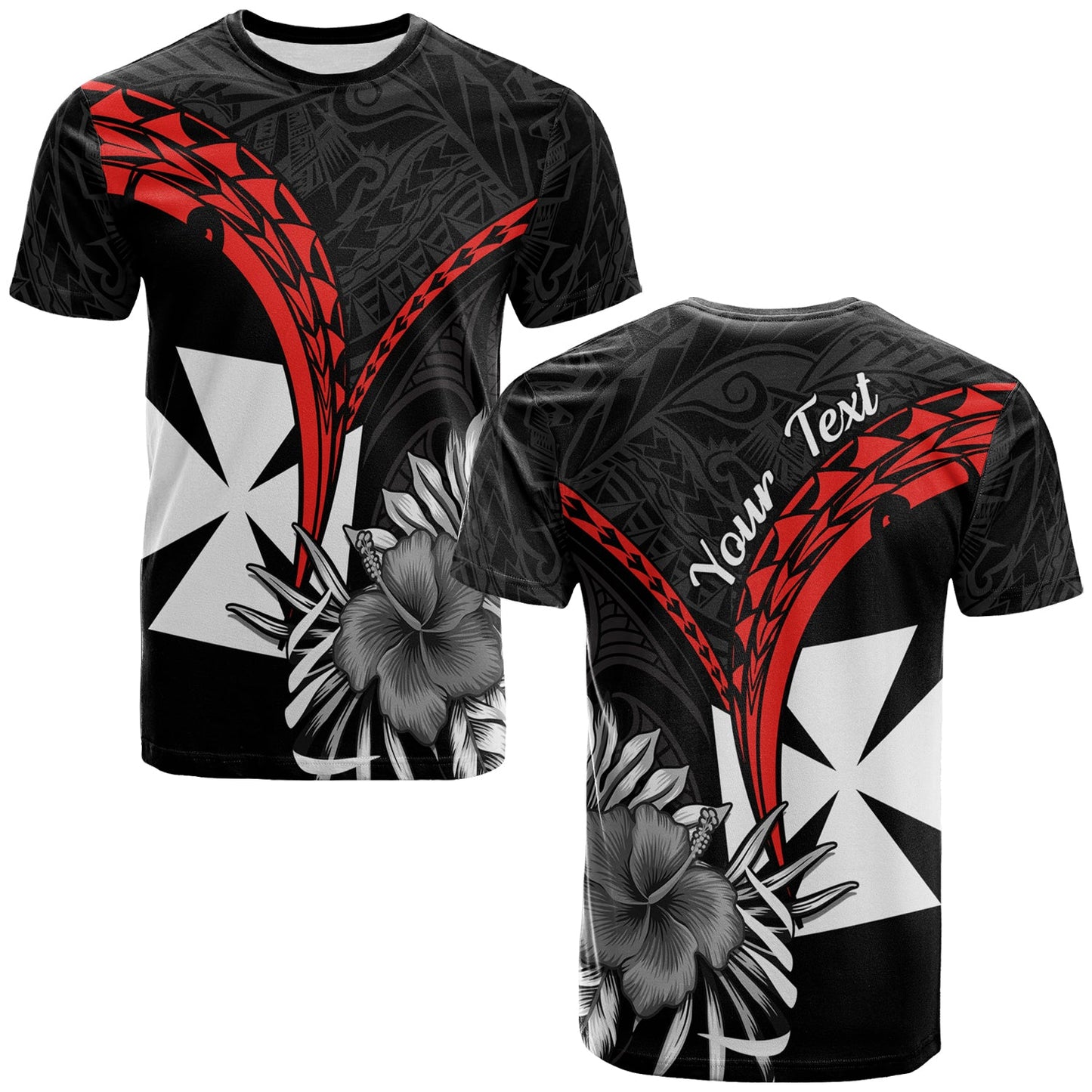 (Custom Personalised) Wallis et Futuna T Shirt Polynesian Pattern and Hibiscus Flowers Version Black