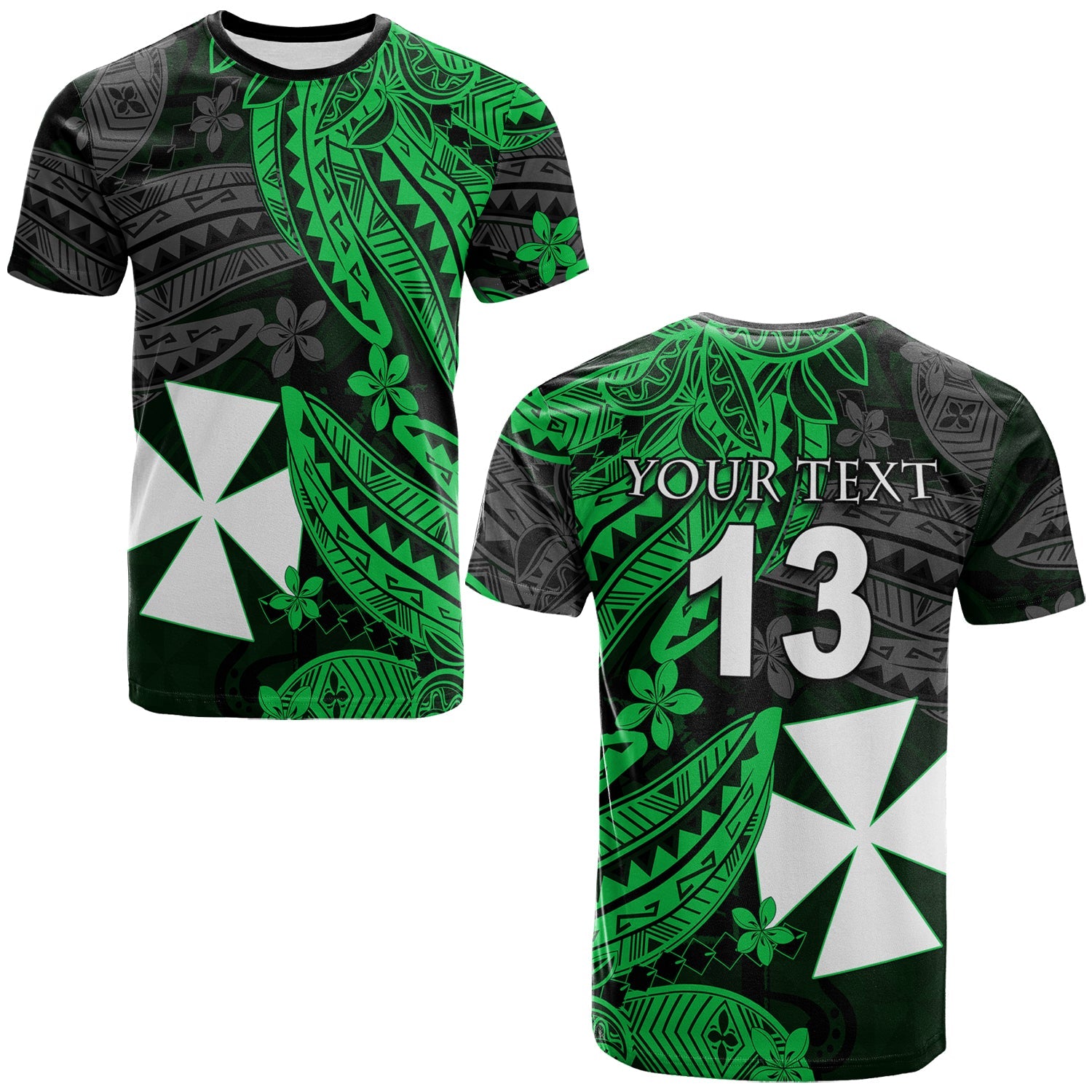(Custom Text and Number) Wallis and Futuna T Shirt Enjoy Polynesian Flowers Version Green