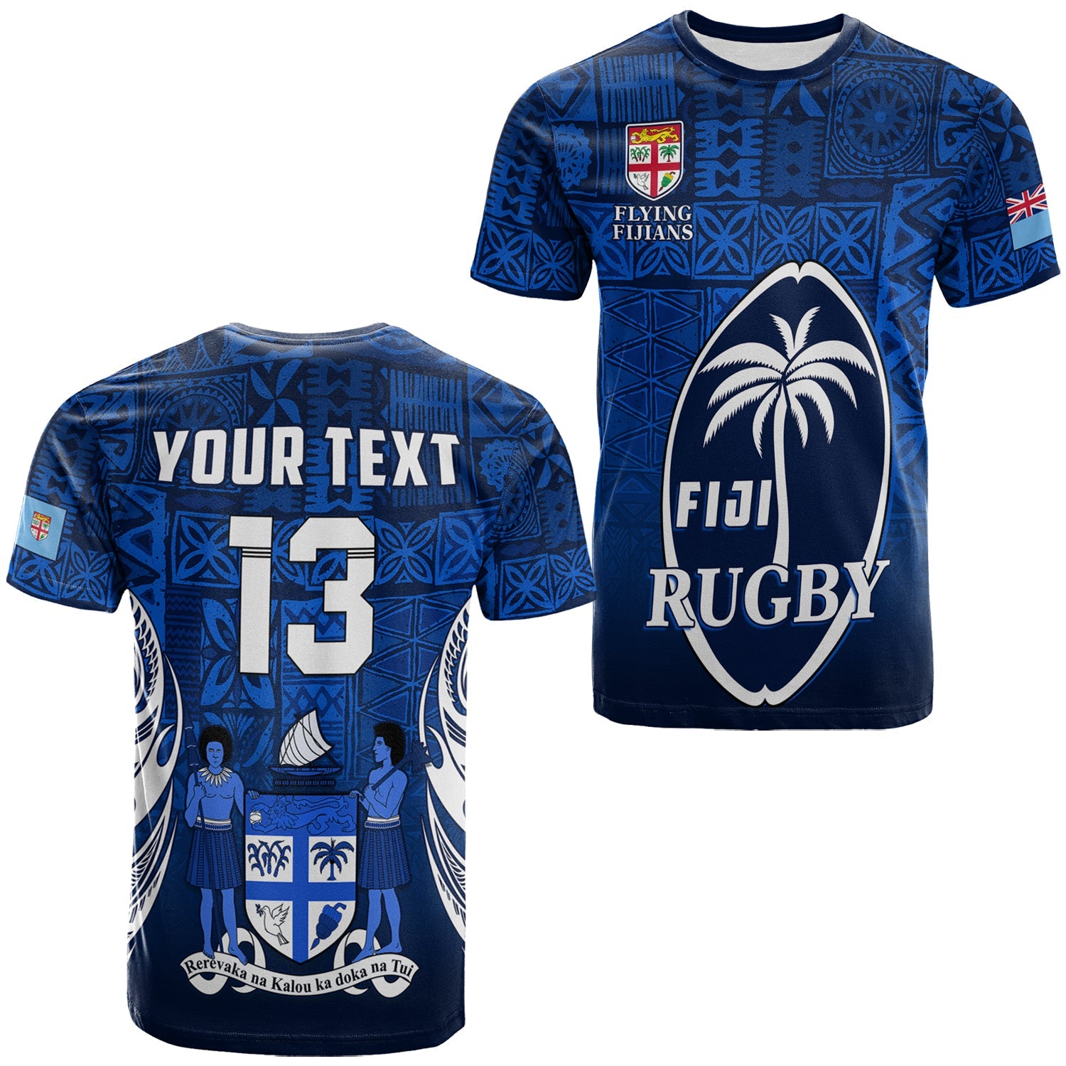 (Custom Text and Number) Fiji Rugby T Shirt Flying Fijians Blue Tapa Pattern