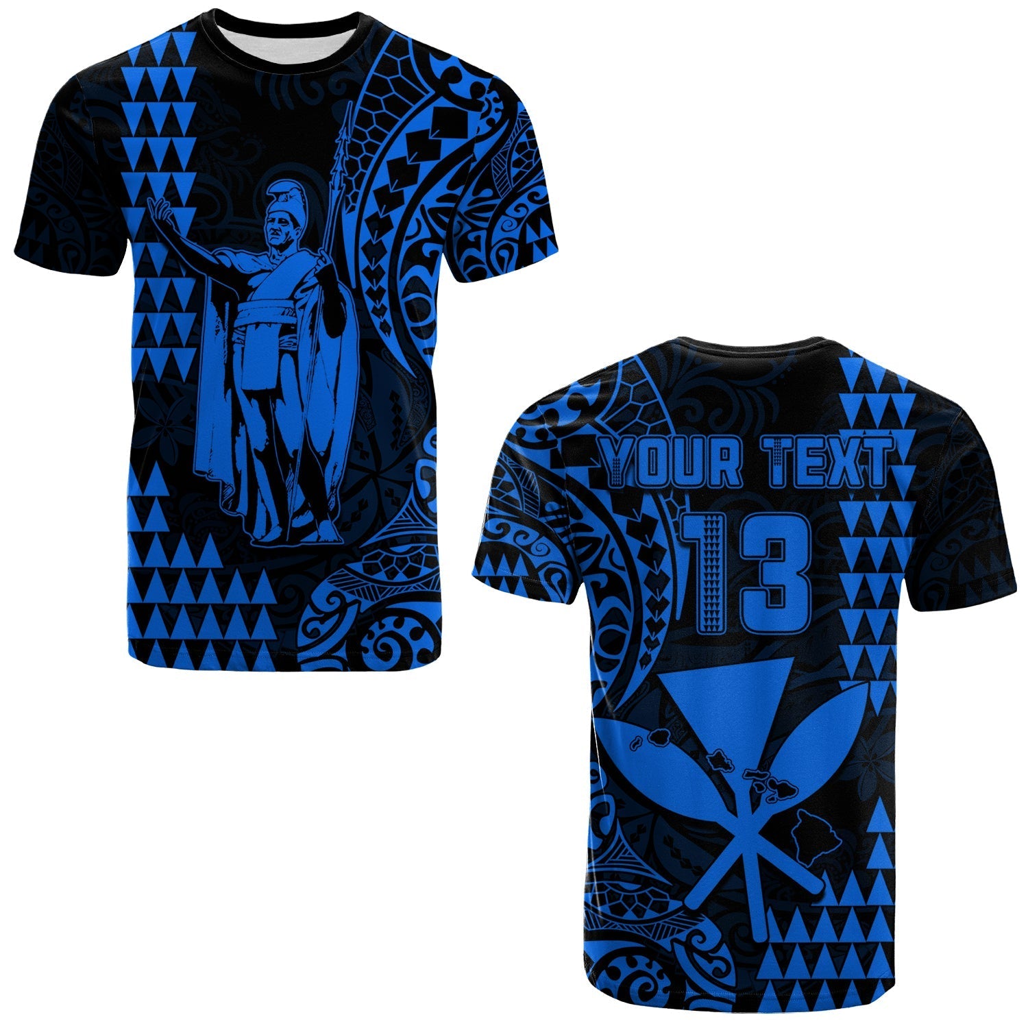 Custom Text And Number Hawaii Day Kakau T Shirt Proud To Be Hawaiian Blue King Kamehameha And Kanaka Maoli