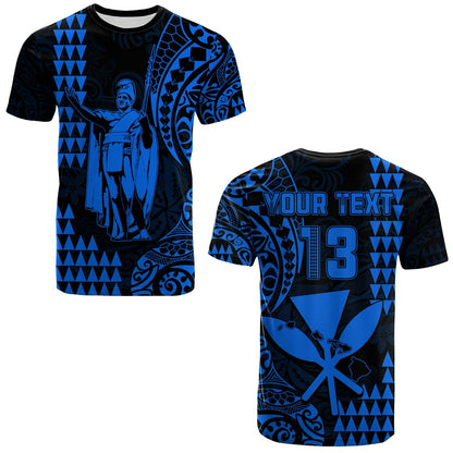 Custom Text And Number Hawaii Day Kakau T Shirt Proud To Be Hawaiian Blue King Kamehameha And Kanaka Maoli