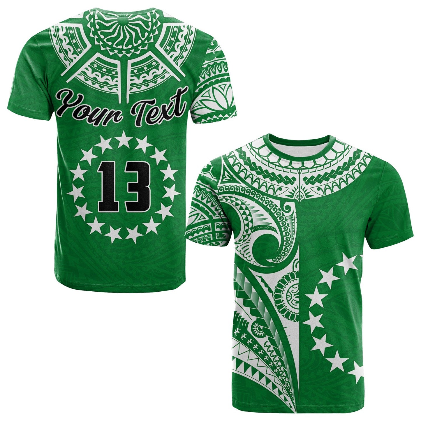 (Custom Text and Number) Cook Islands Tatau T Shirt Symbolize Passion Stars Version Green
