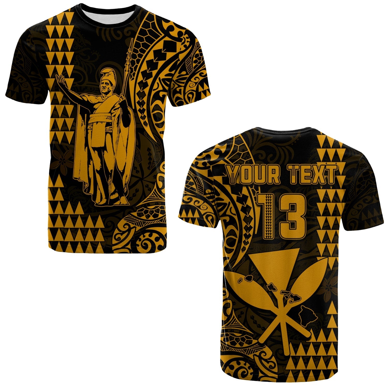 Custom Text And Number Hawaii Day Kakau T Shirt Proud To Be Hawaiian Gold King Kamehameha And Kanaka Maoli