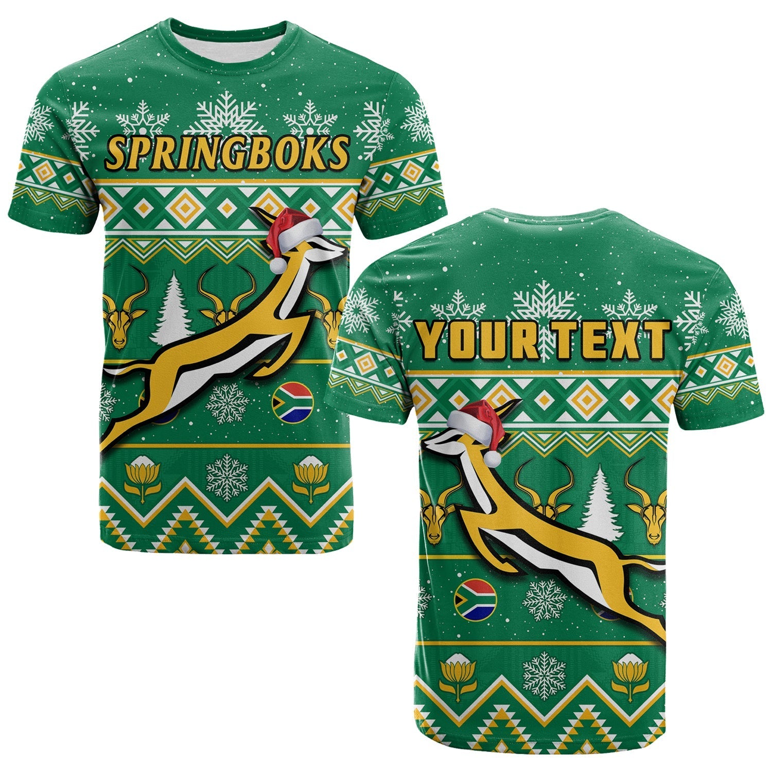 Custom South Africa Rugby Christmas T Shirt Springboks Proud Geseende Kersfees