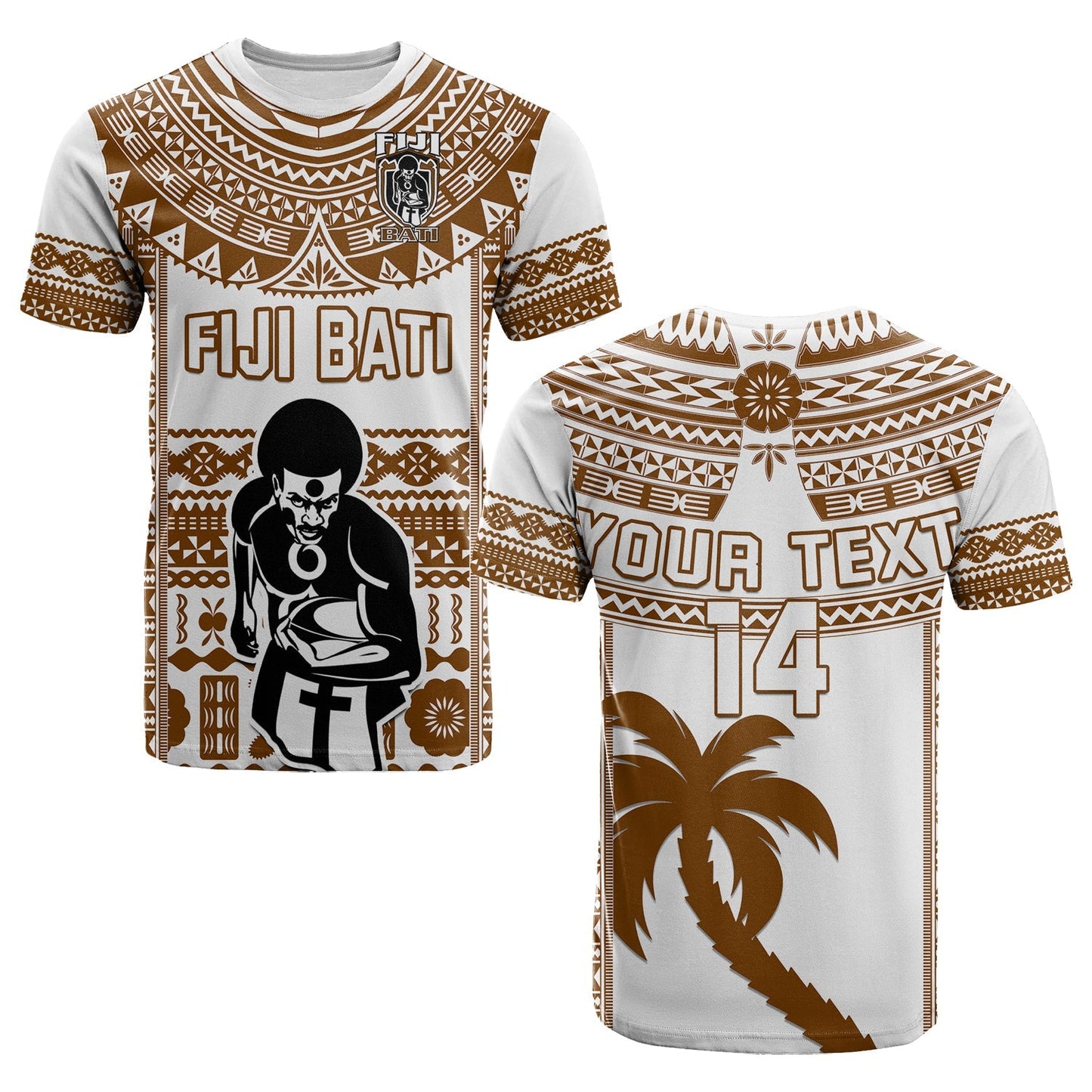 Custom Text And Number Fiji Rugby T Shirt Pacific The Bati Brown Fijian Tapa