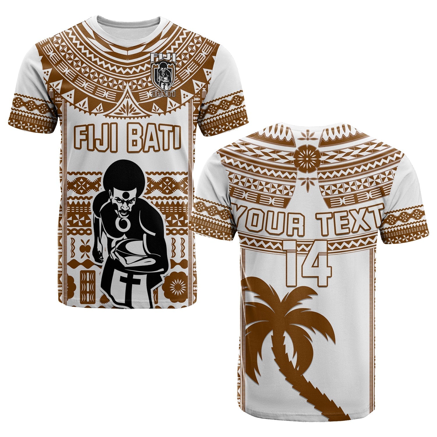Custom Text And Number Fiji Rugby T Shirt Pacific The Bati Brown Fijian Tapa