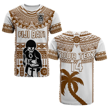Custom Text And Number Fiji Rugby T Shirt Pacific The Bati Brown Fijian Tapa