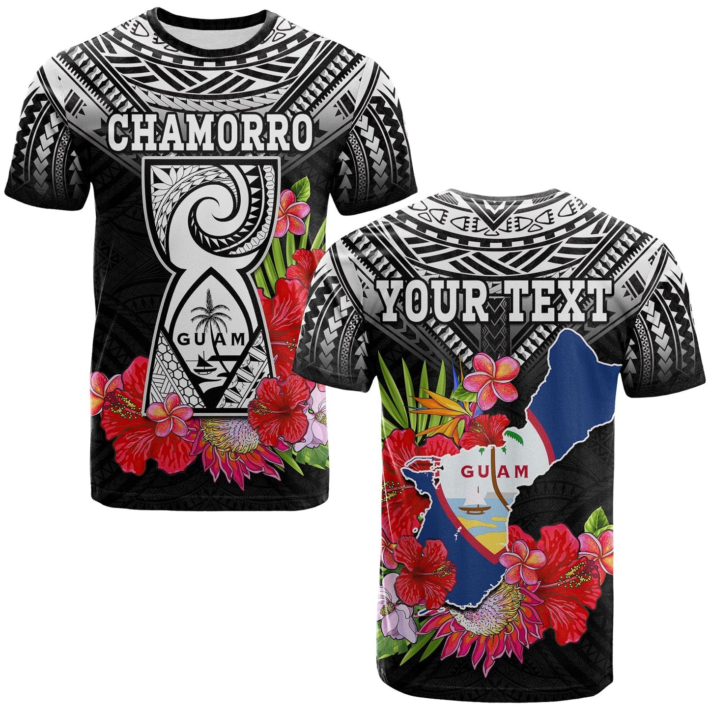 (Custom Personalised) Guam Chamorro T Shirt Guaman Latte Stone Tropical Flowers Black Style