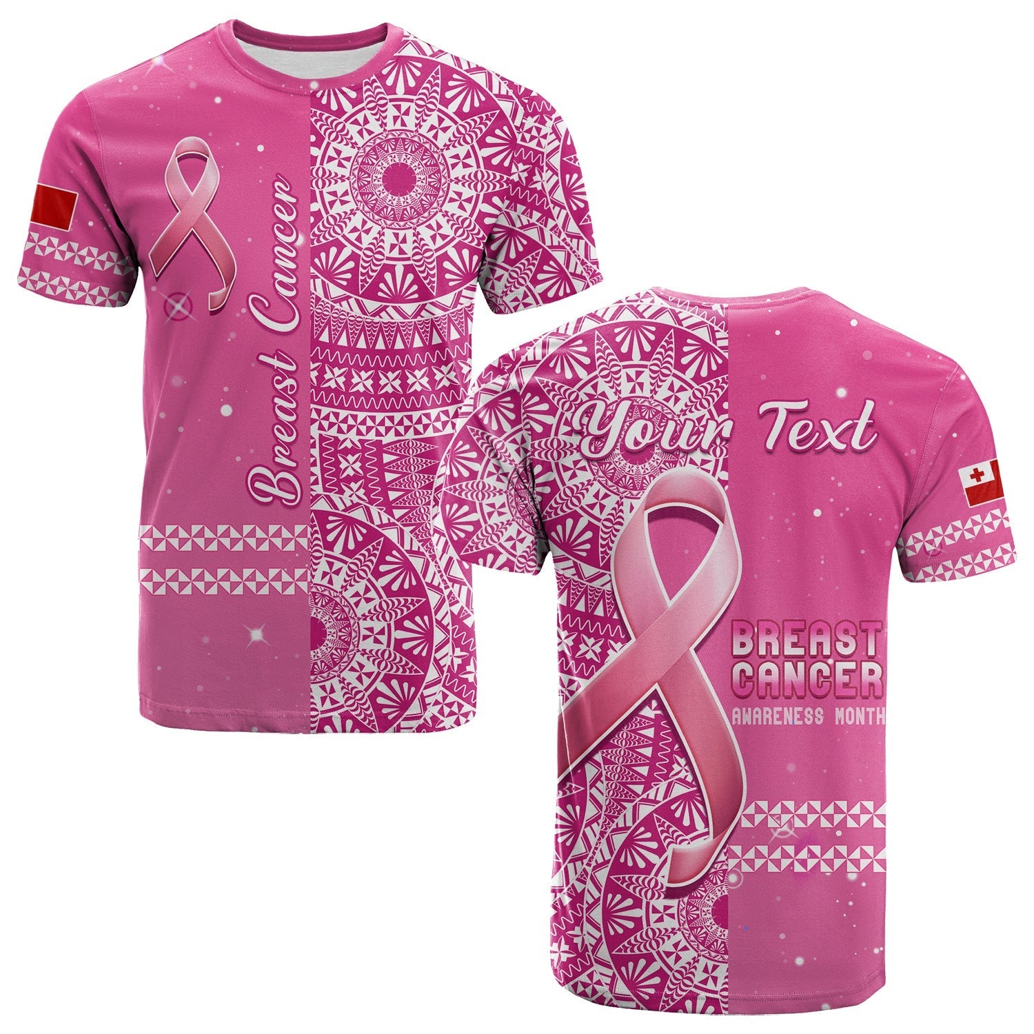 Custom Personalised Tonga Breast Cancer T Shirt Tongan Ngatu Pattern No One Fights Alone