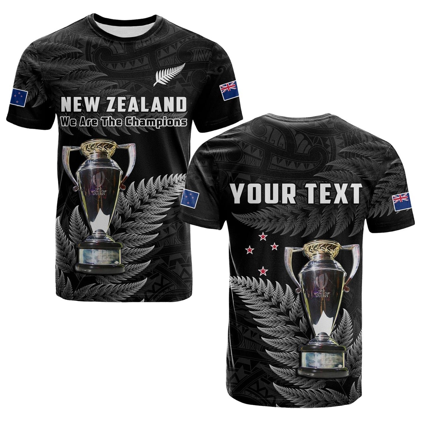Custom Personalised New Zealand 2022 Rugby T Shirt Black Fern Proud Champions Rwc