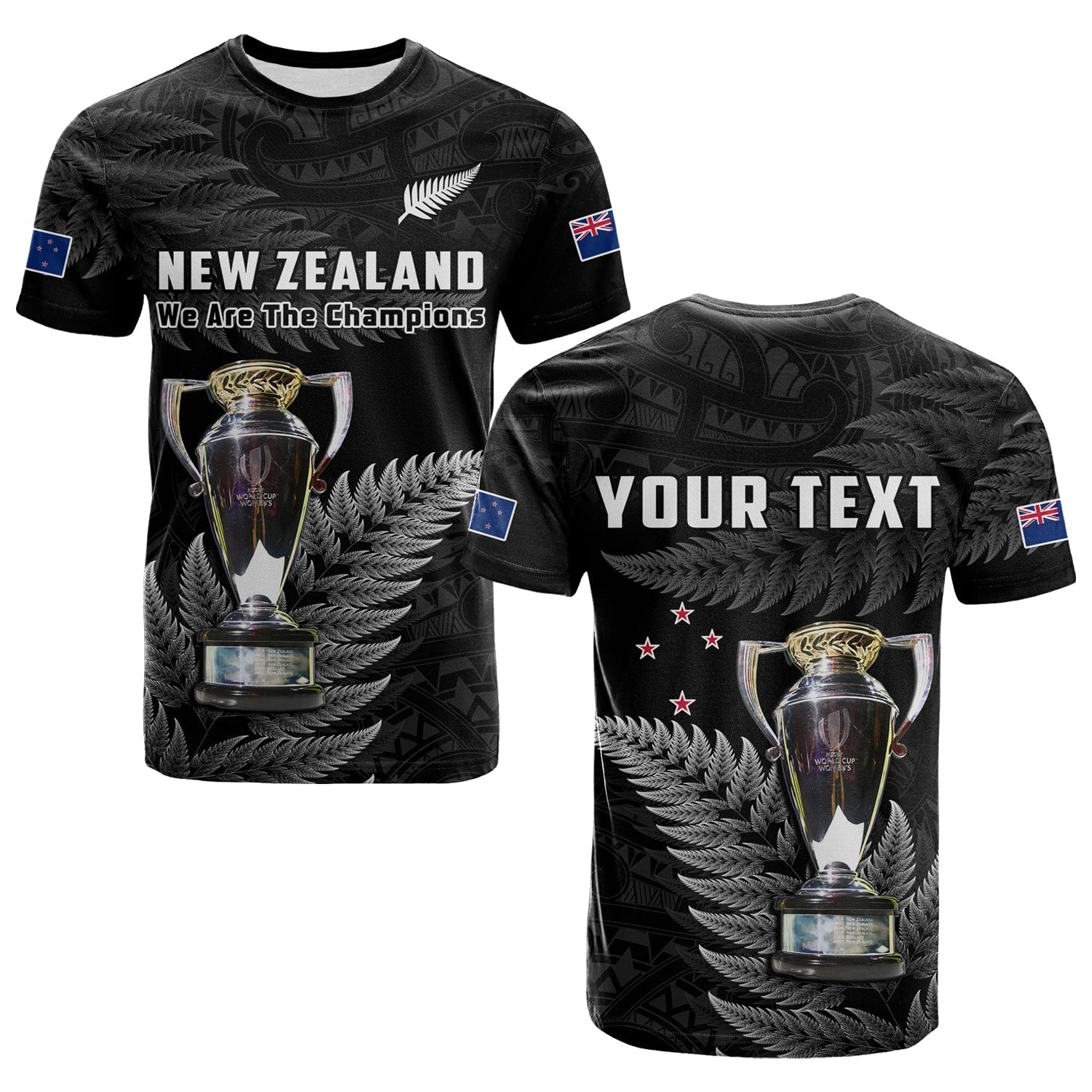 Custom Personalised New Zealand 2022 Rugby T Shirt Black Fern Proud Champions Rwc