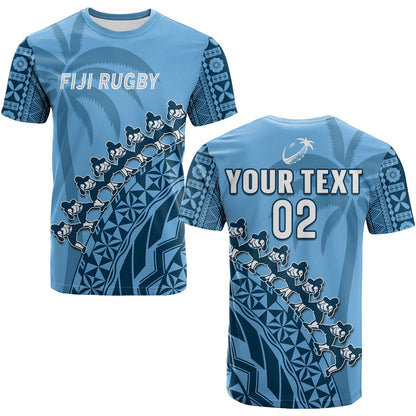 (Custom Text And Number) Fiji Tapa Rugby T Shirt Fijian Cibi Dance Tapa Pattern Blue