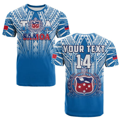 Custom Text And Number Samoa Rugby T Shirt Personalise Toa Samoa Polynesian Pacific Blue Version