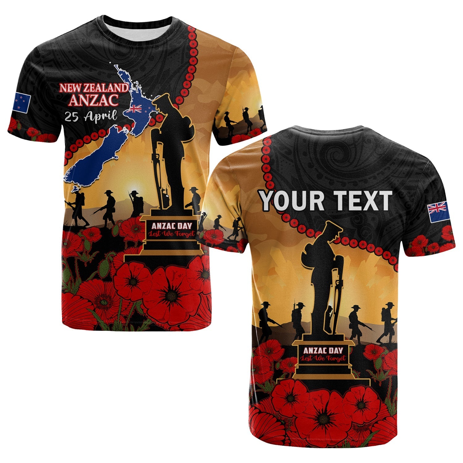 Custom Personalised New Zealand Anzac T Shirt Maori Camouflage Mix Poppies We Will Remember Them
