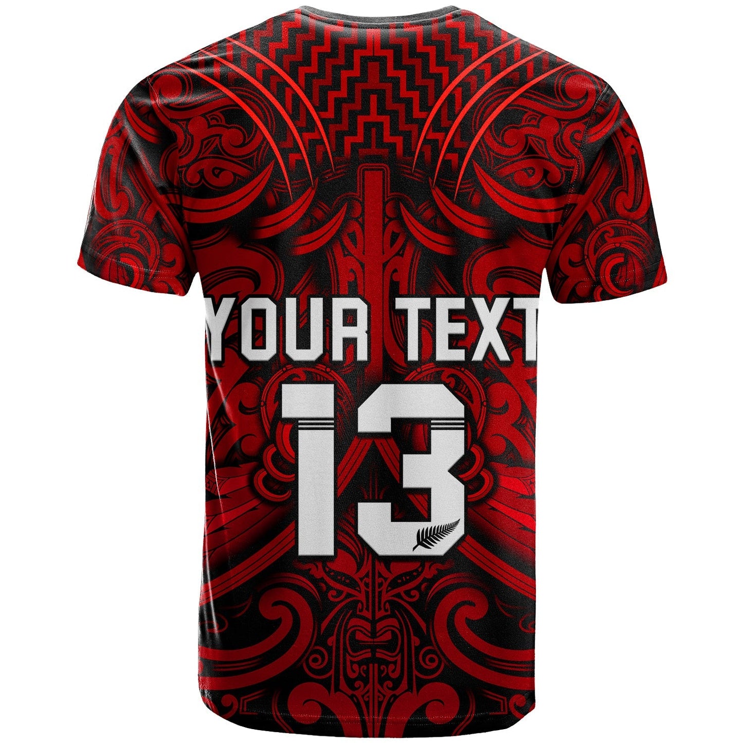 Custom Text And Number New Zealand Silver Fern Rugby T Shirt All Black Red Nz Maori Pattern