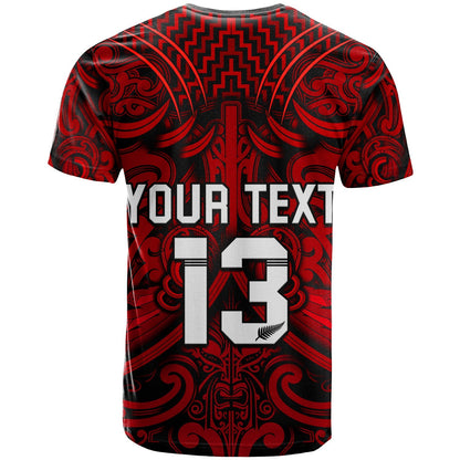 Custom Text And Number New Zealand Silver Fern Rugby T Shirt All Black Red Nz Maori Pattern
