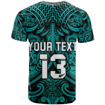 Custom Text And Number New Zealand Silver Fern Rugby T Shirt All Black Turquoise Nz Maori Pattern