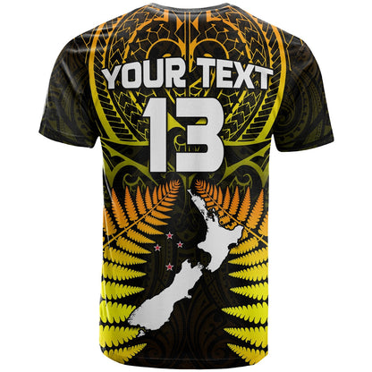 Custom Text And Number Aotearoa Fern T Shirt New Zealand Hei Tiki Gold Style