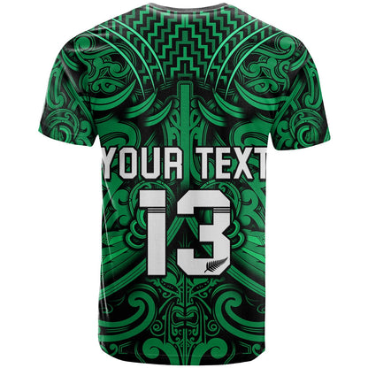 Custom Text And Number New Zealand Silver Fern Rugby T Shirt All Black Green Nz Maori Pattern