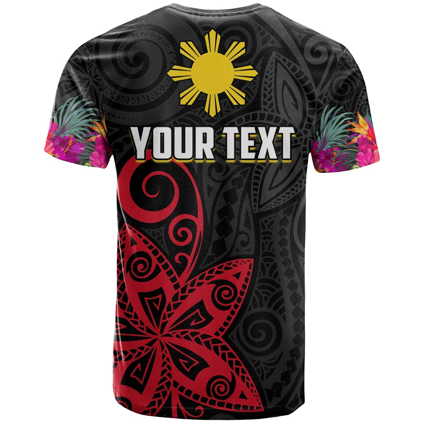 Custom Personalised Philippines T Shirt Sun Filipino Polynesian Mix Flowers Black Vibe
