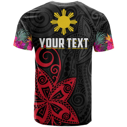 Custom Personalised Philippines T Shirt Sun Filipino Polynesian Mix Flowers Black Vibe