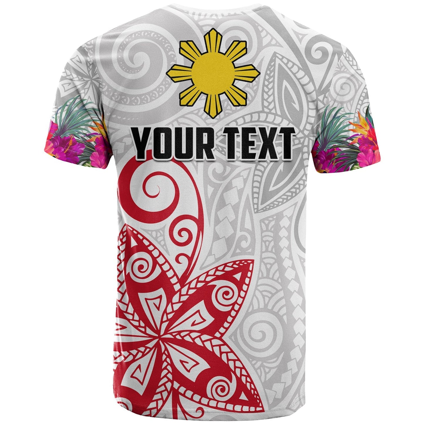 Custom Personalised Philippines T Shirt Sun Filipino Polynesian Mix Flowers White Vibe
