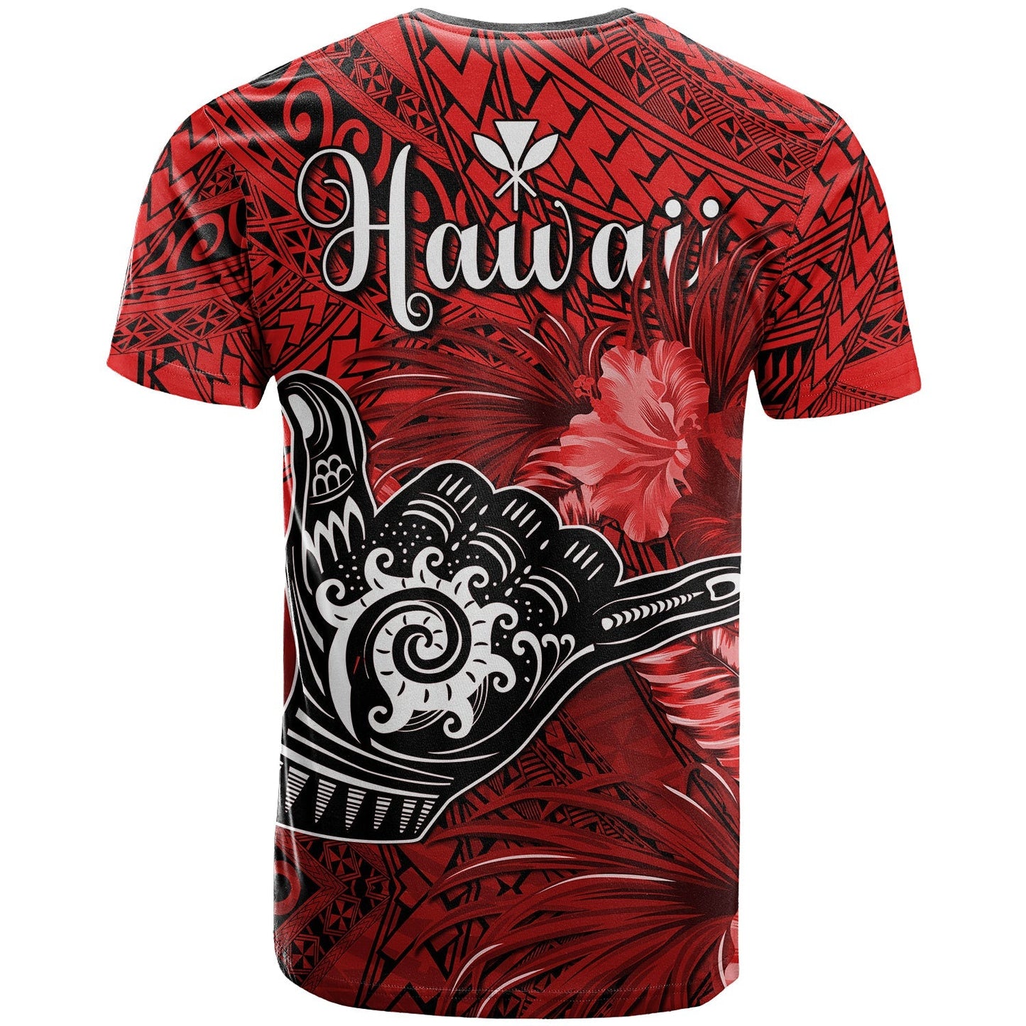 The Shaka Hawaii T Shirt Tropical Flowers Red Version