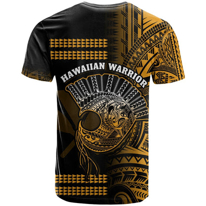 Hawaii T Shirt Kakau Warrior Helmet Gradient Gold Polynesian