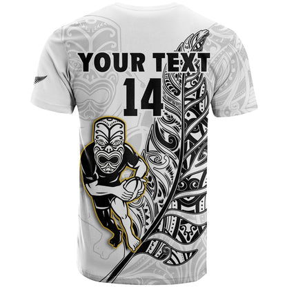 Custom Text And Number New Zealand Silver Fern Rugby T Shirt All Black Maori Version White