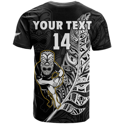Custom Text And Number New Zealand Silver Fern Rugby T Shirt All Black Maori Version Black