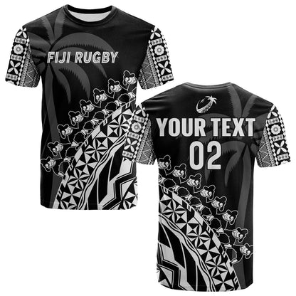 (Custom Text And Number) Fiji Rugby T Shirt Fijian Cibi Dance Tapa Pattern Black