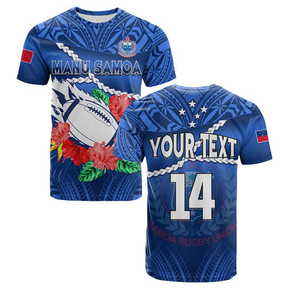 Custom Text And Number Samoa Rugby T Shirt Manu Samoa Polynesian Hibiscus Blue Style