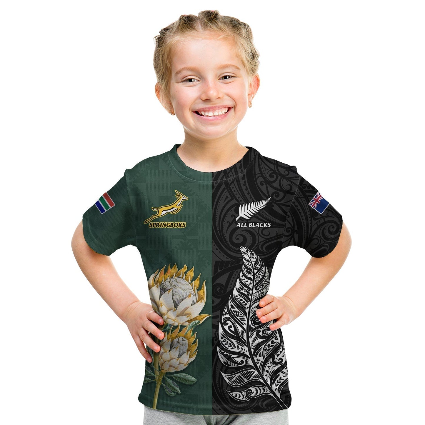 South Africa Protea and New Zealand Fern T Shirt Rugby Go Springboks vs All Black Ver.02