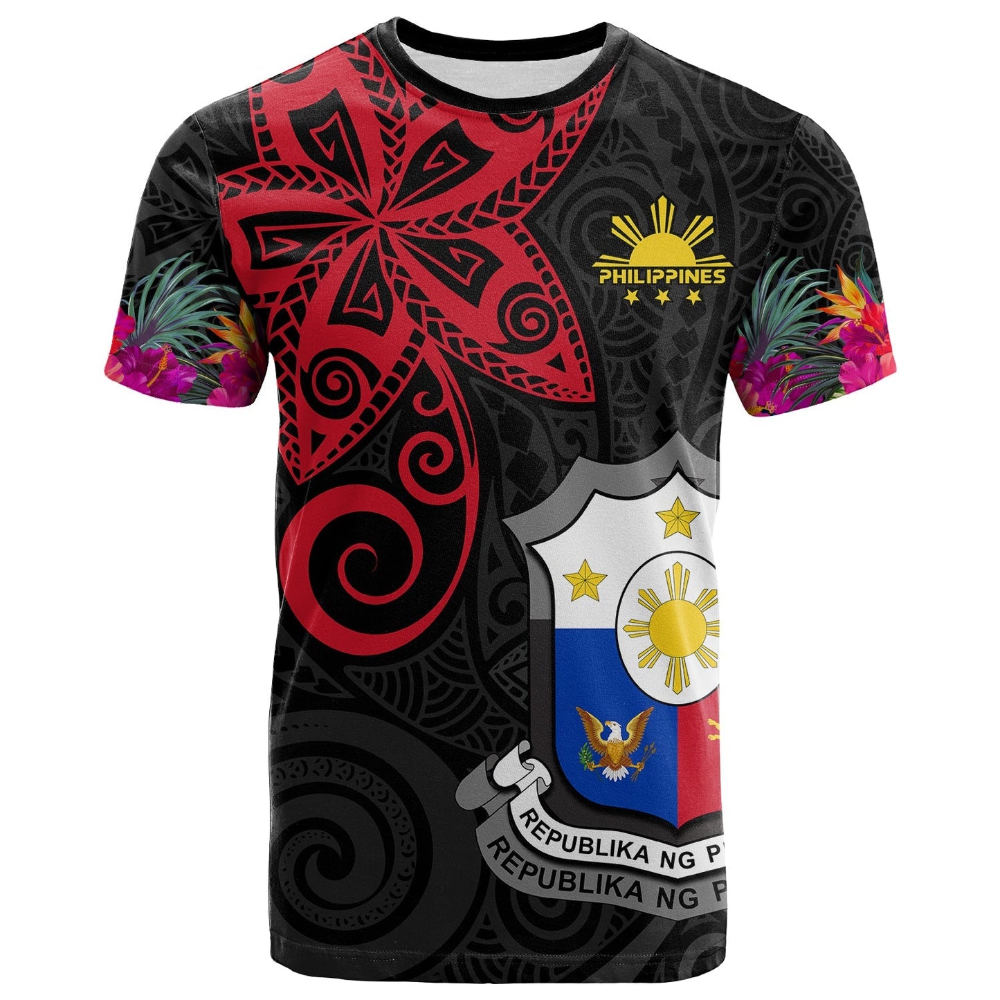 Custom Personalised Philippines T Shirt Sun Filipino Polynesian Mix Flowers Black Vibe