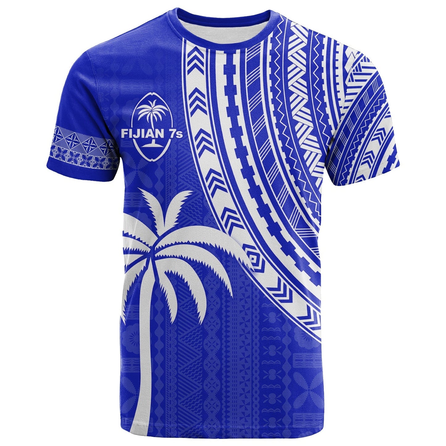 (Custom Text and Number) Fiji Rugby Sevens T Shirt Fijian 7s Tapa Polynesian Blue Ver.02