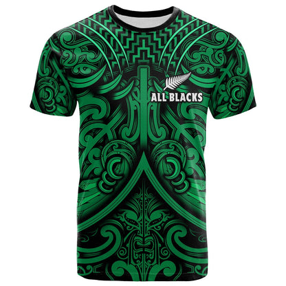 Custom Text And Number New Zealand Silver Fern Rugby T Shirt All Black Green Nz Maori Pattern