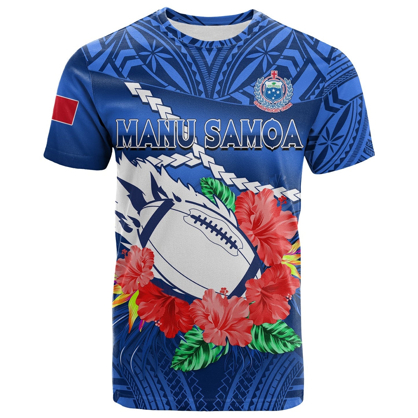 Samoa Rugby T Shirt Manu Samoa Polynesian Hibiscus Blue Style