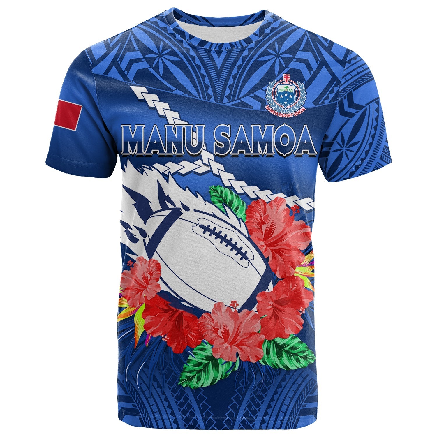 Samoa Rugby T Shirt Manu Samoa Polynesian Hibiscus Blue Style