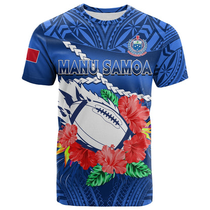 Samoa Rugby T Shirt Manu Samoa Polynesian Hibiscus Blue Style