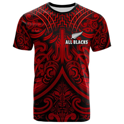 Custom Text And Number New Zealand Silver Fern Rugby T Shirt All Black Red Nz Maori Pattern