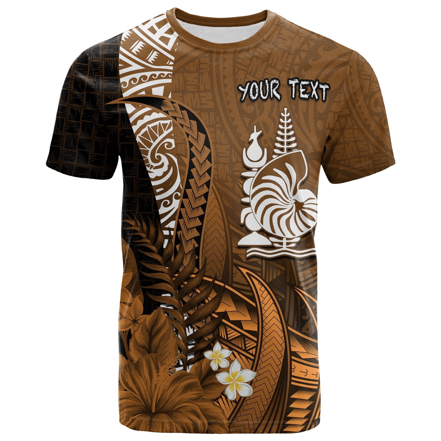 (Custom Personalised) New Caledonia T Shirt Nautilus Gold Polynesian Hibiscus