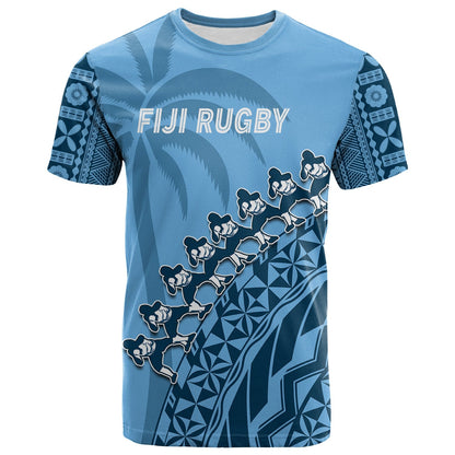 (Custom Text And Number) Fiji Tapa Rugby T Shirt Fijian Cibi Dance Tapa Pattern Blue