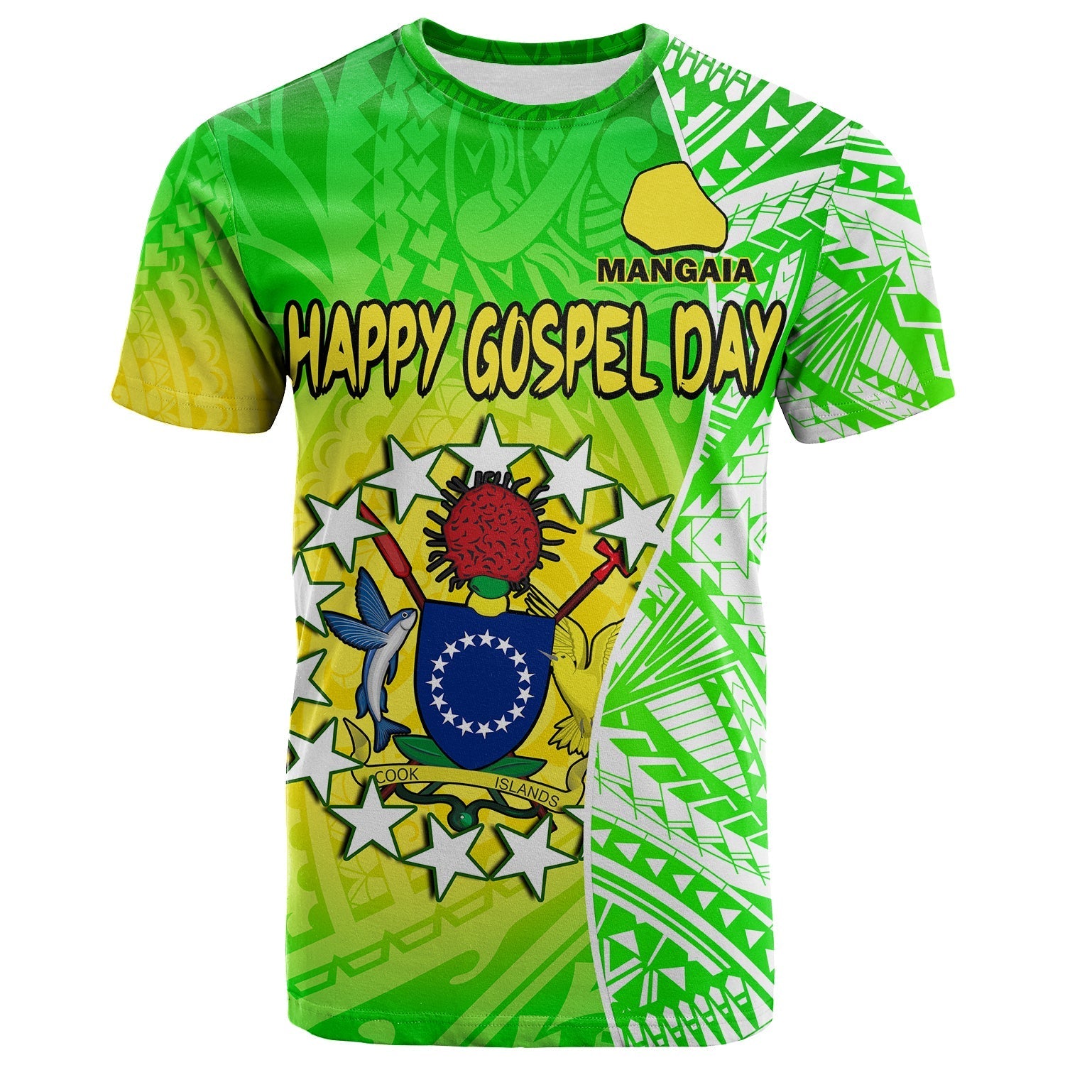Happy Mangaia Gospel Day T Shirt Cook Islands Coat Of Arms Polynesian Pattern