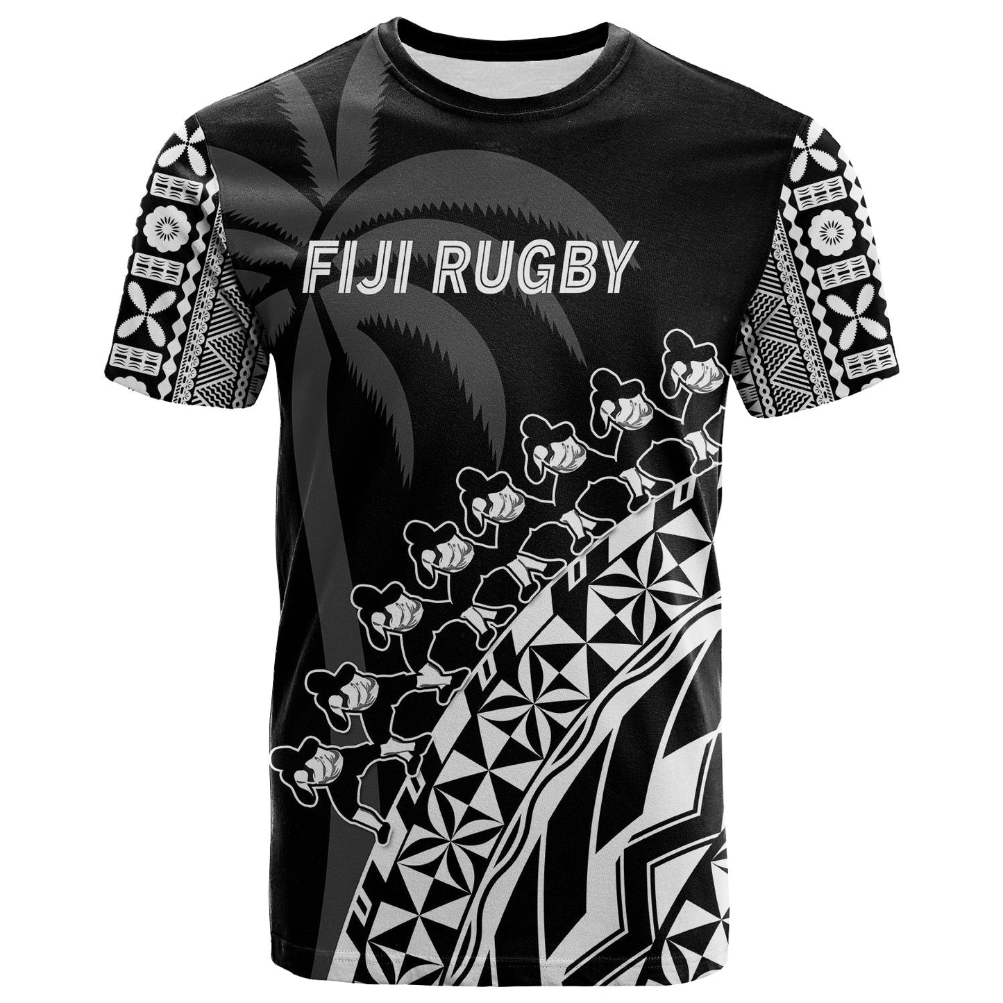 (Custom Text And Number) Fiji Rugby T Shirt Fijian Cibi Dance Tapa Pattern Black