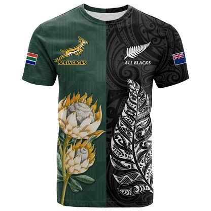 South Africa Protea and New Zealand Fern T Shirt Rugby Go Springboks vs All Black