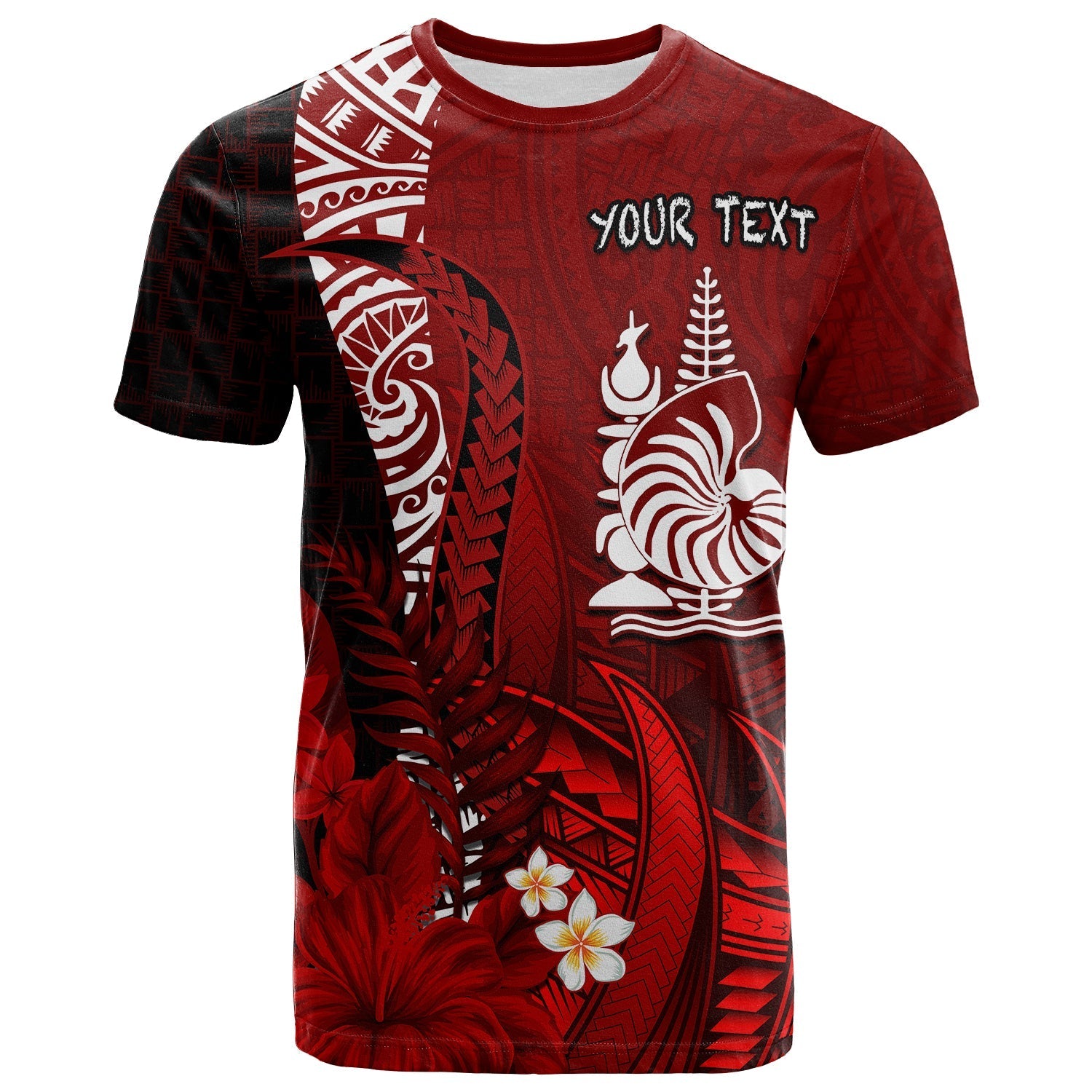 (Custom Personalised) New Caledonia T Shirt Nautilus Red Polynesian Hibiscus