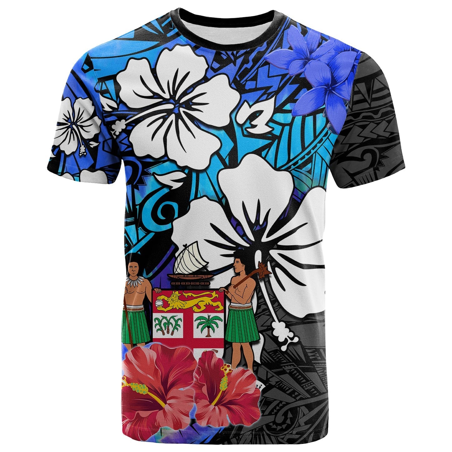 Fiji Tie Dye T Shirt Polynesian Blue Tribal Creative Tropical Flowers