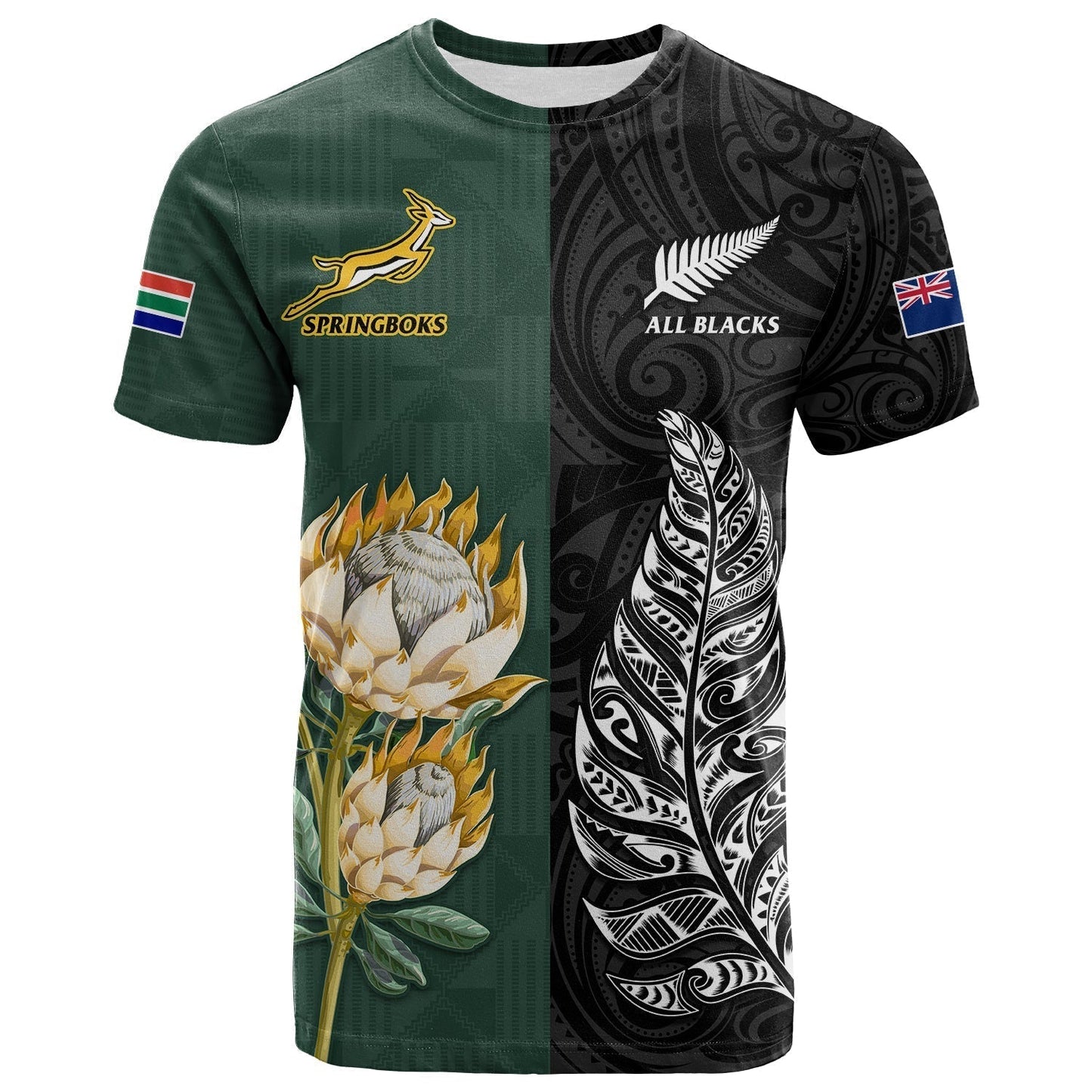South Africa Protea and New Zealand Fern T Shirt Rugby Go Springboks vs All Black Ver.02
