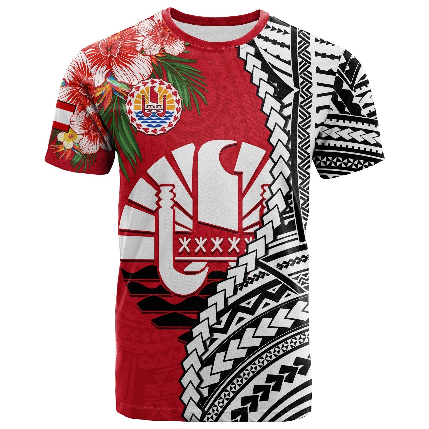 Tahiti Islands T Shirt Polynesian Shark Mix Tropical Flowers