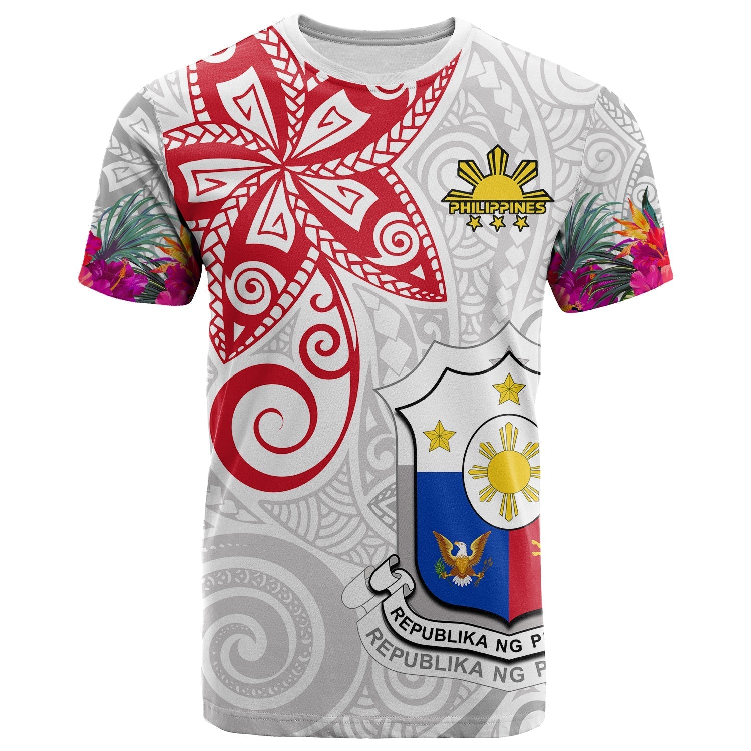 Custom Personalised Philippines T Shirt Sun Filipino Polynesian Mix Flowers White Vibe